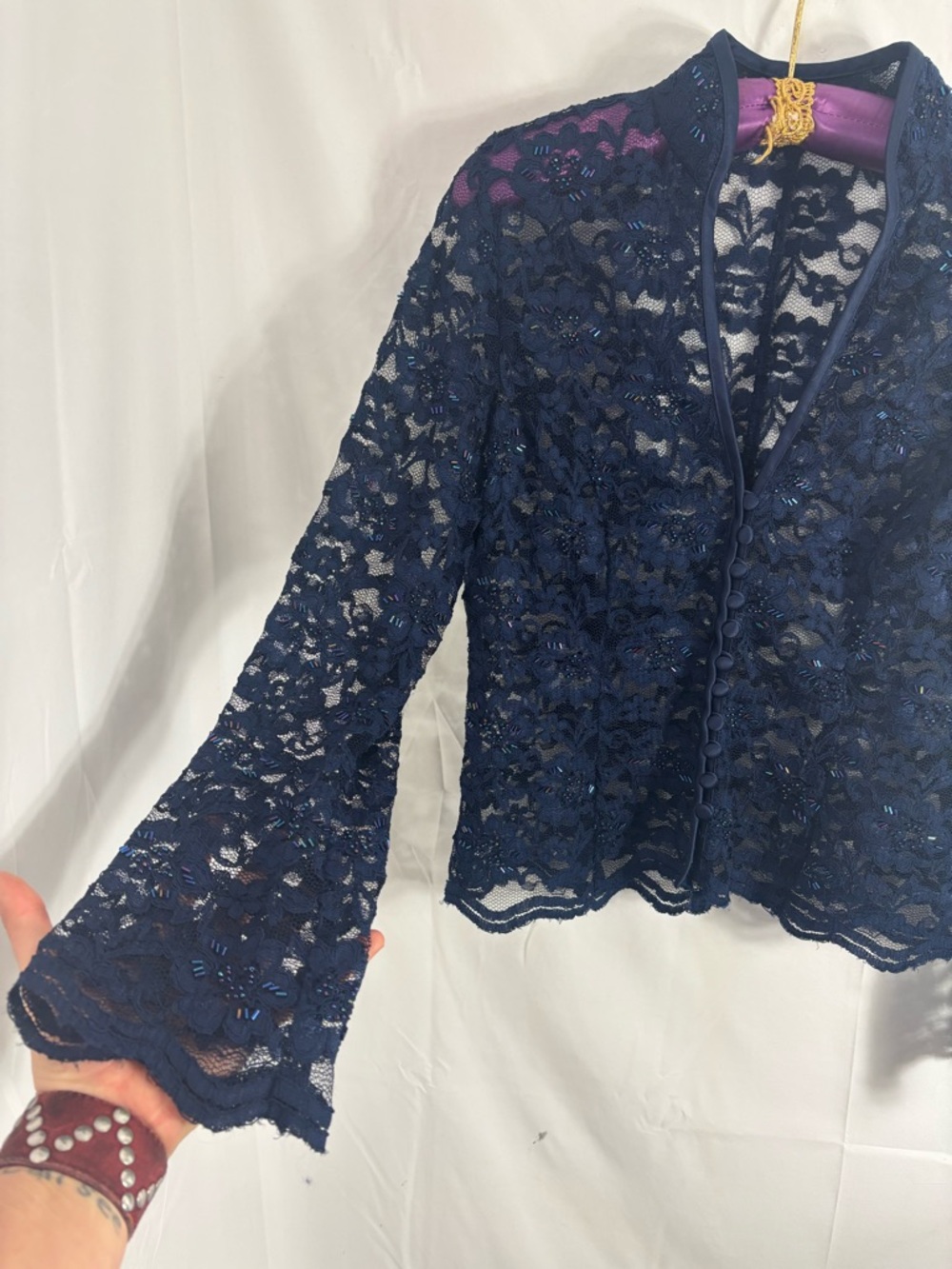 Lace Beaded Long Flare Sleeve Witchy Whimsigoth Sheer Button Up Blouse Size L - Picture 14 of 16